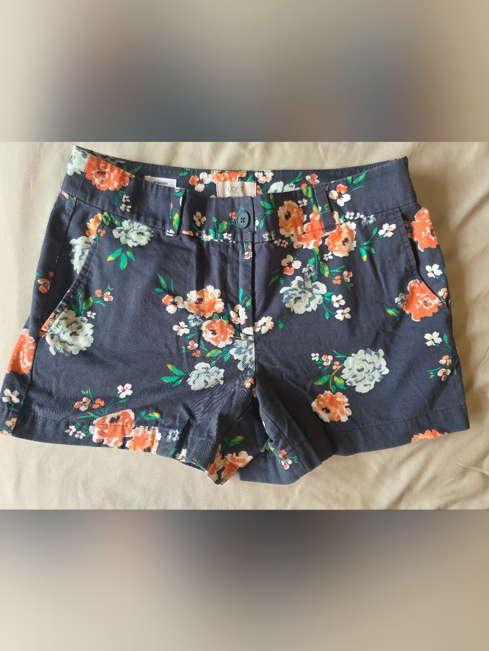 LOFT Navy Floral Bermuda Shorts with Orange & Cream Blooms